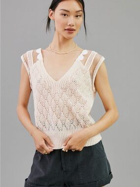 Anthropologie Openwork V-Neck Knit Tank Top in Cream